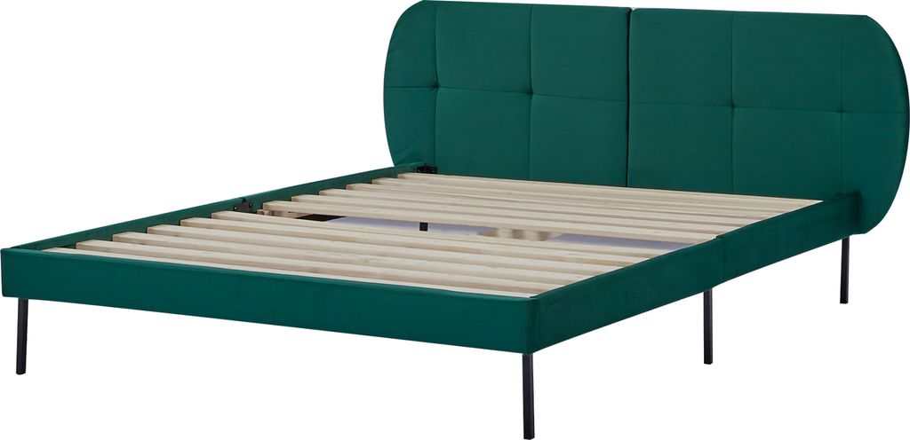 A dark green upholstered bed frame with a tufted headboard and wooden slats is shown against a white background.