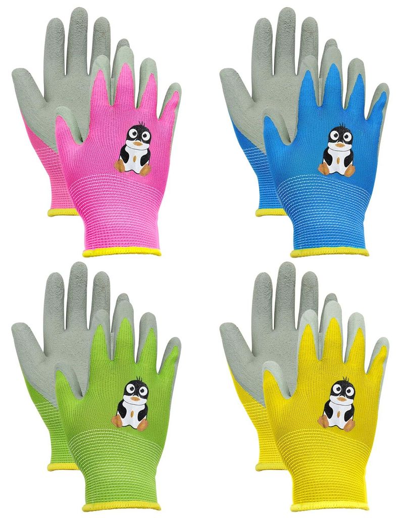 4 Paar Gartenhandschuhe für Kinder, Arbeitshandschuhe mit Pinguinmuster in 4 Farben, niedliche Gartenhandschuhe für Kinder, verschleißfest, ruts...