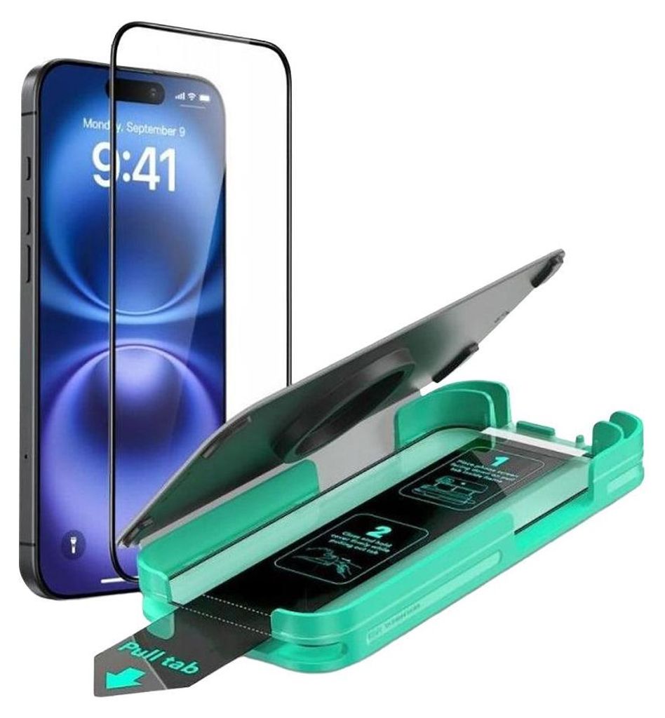 A screen protector for an iPhone is shown with its application tool.