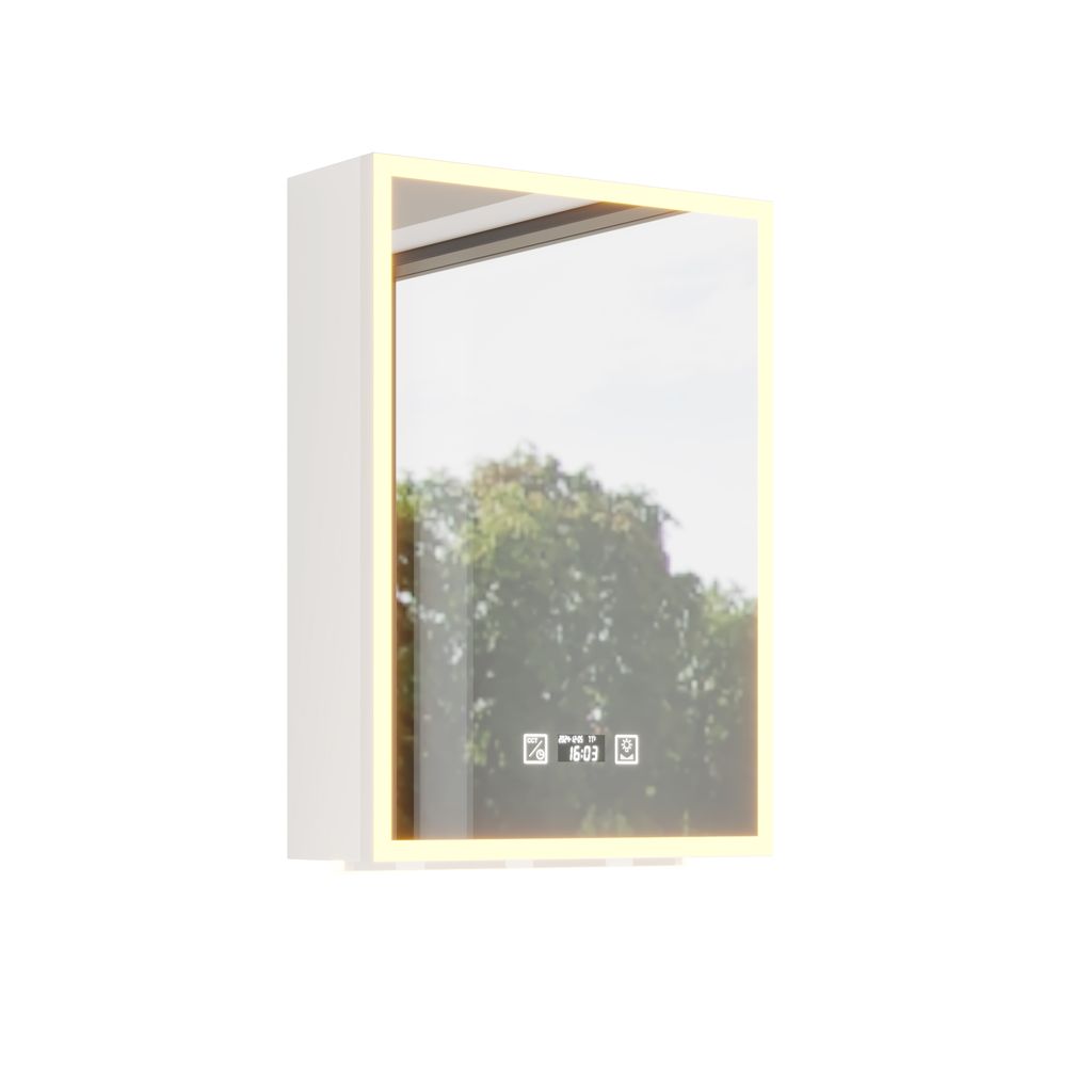 A white medicine cabinet with a mirror and LED lighting, reflecting trees and sky.