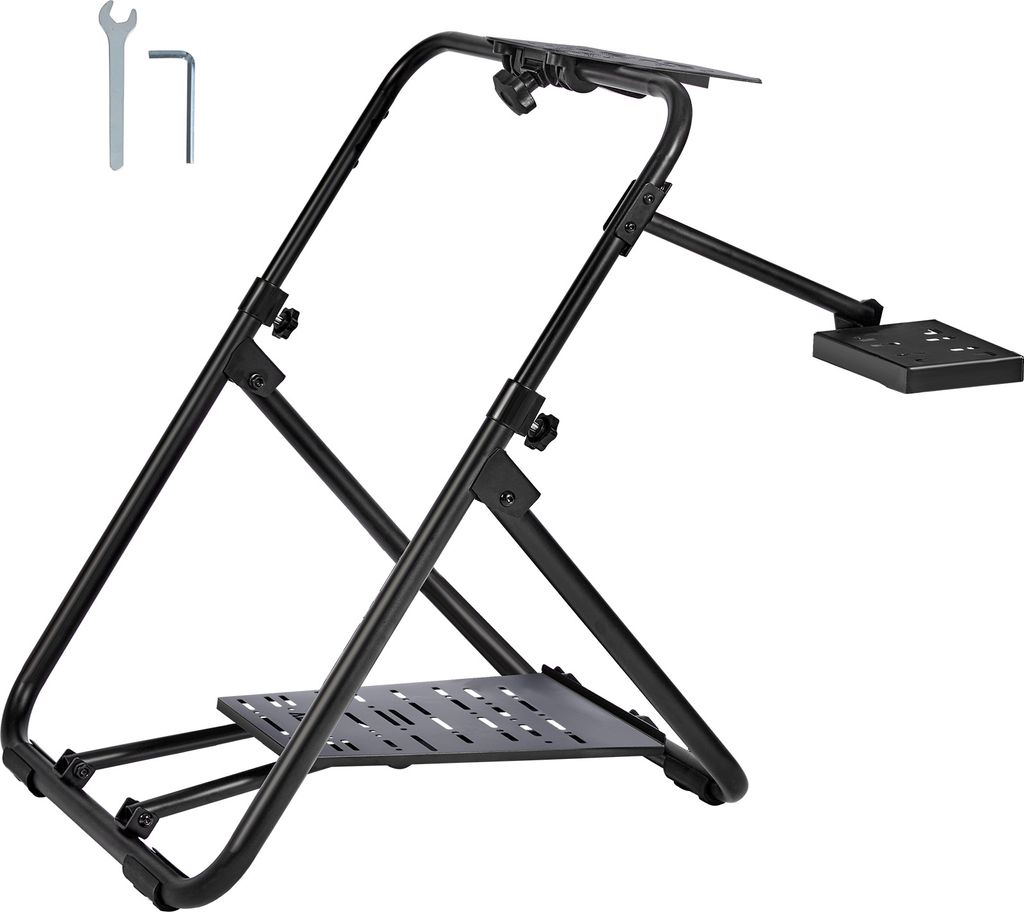 A black metal racing wheel stand is shown against a white background. It is a foldable stand with adjustable height and platforms for a steering wheel and pedals. Two wrenches are visible in the upper left corner.