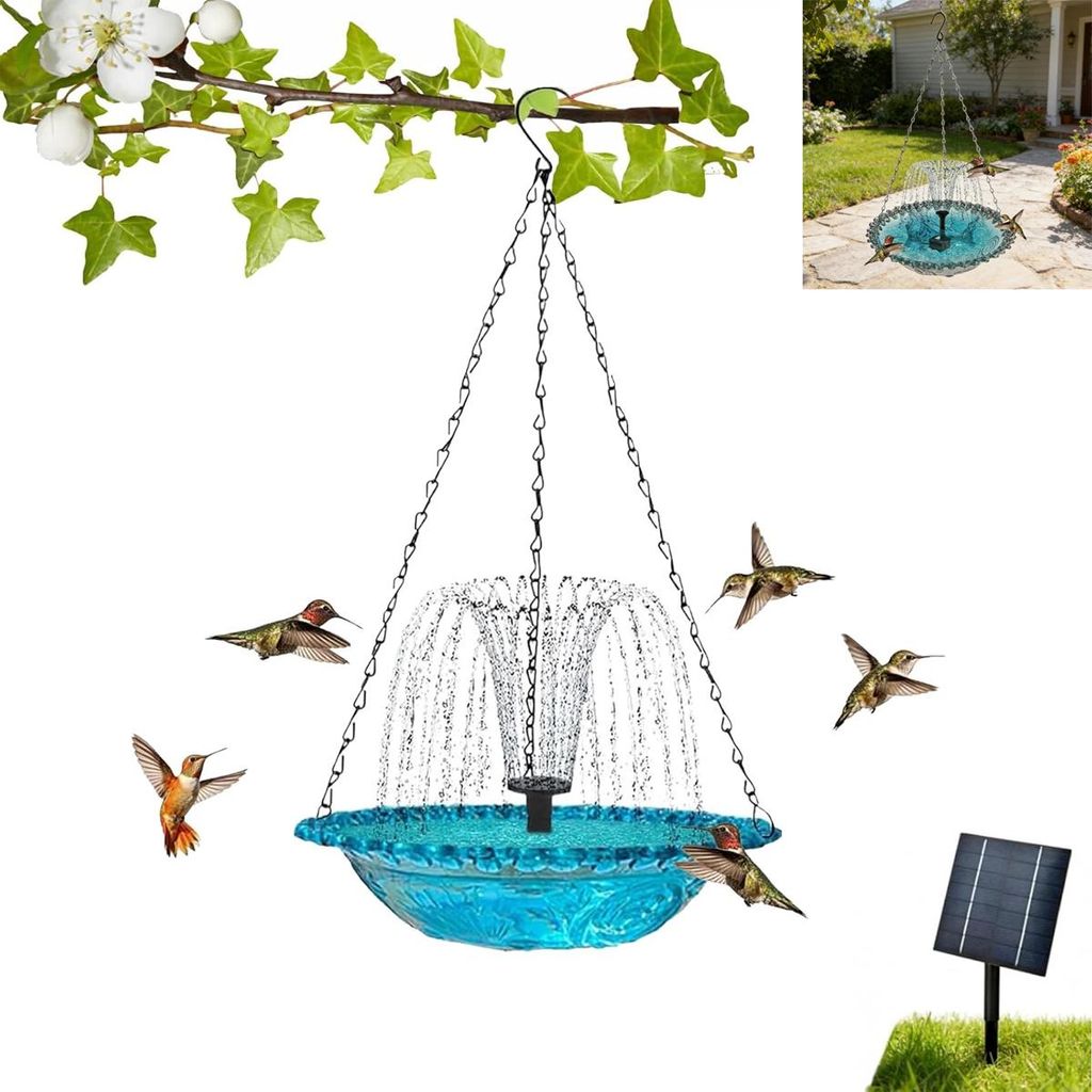 Solar Cascade Hanging Bird Bath Fountain, Solar Hanging Bird Bath Fountain mit 4 Düsen & 5 m Kabel – solarbetrieben– für Garten, Terrasse, Rasen