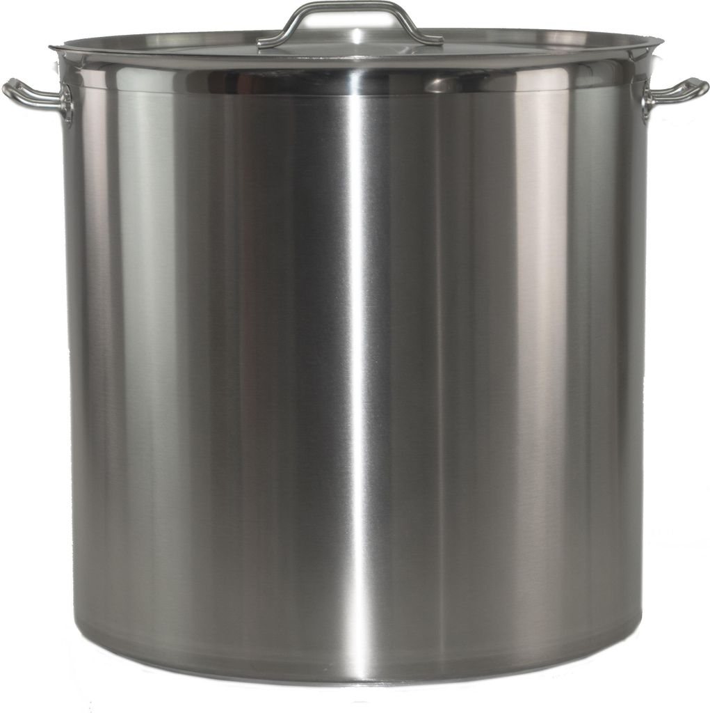 A large, stainless steel pot with a lid and handles, presented against a white background.