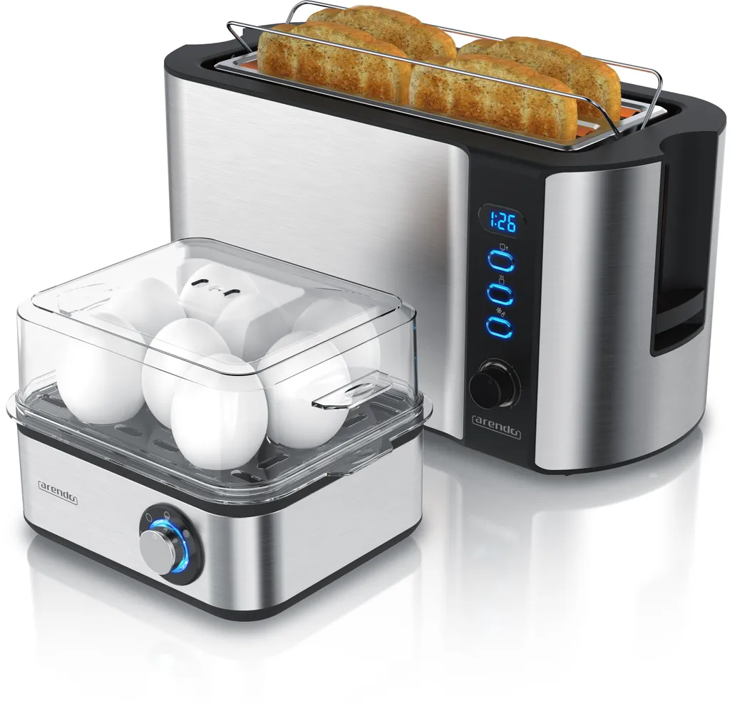 Set Colazione Arendo Argento: Tostapane XL 4 Fette e Cuociuova 8 Posti
