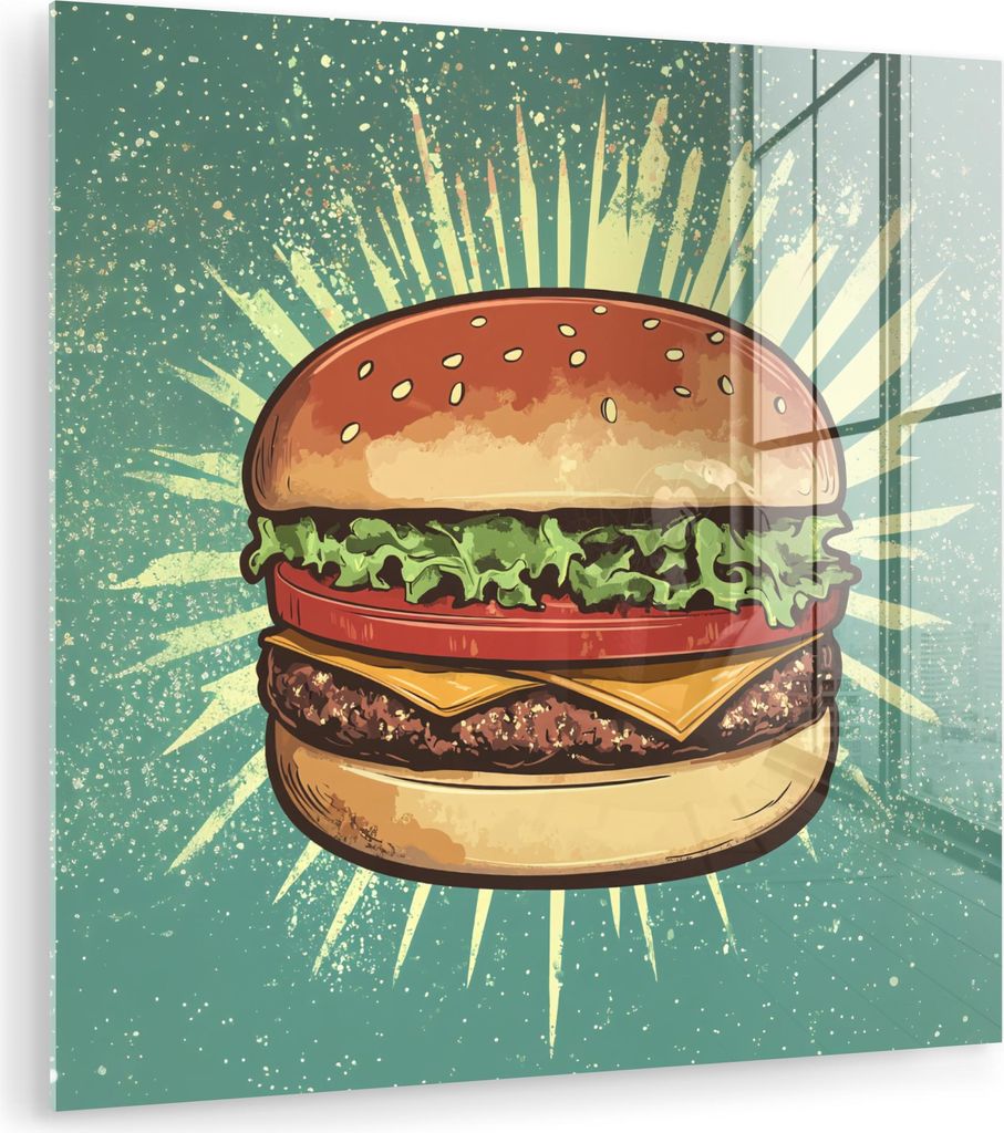 MuchoWow Glasbilder - Bilder auf Wandbild - Foto auf Glas Hamburger - Illustration - Salat - Käse 20x20 cm Wanddekoration aus Glas - Acrylglasbild...
