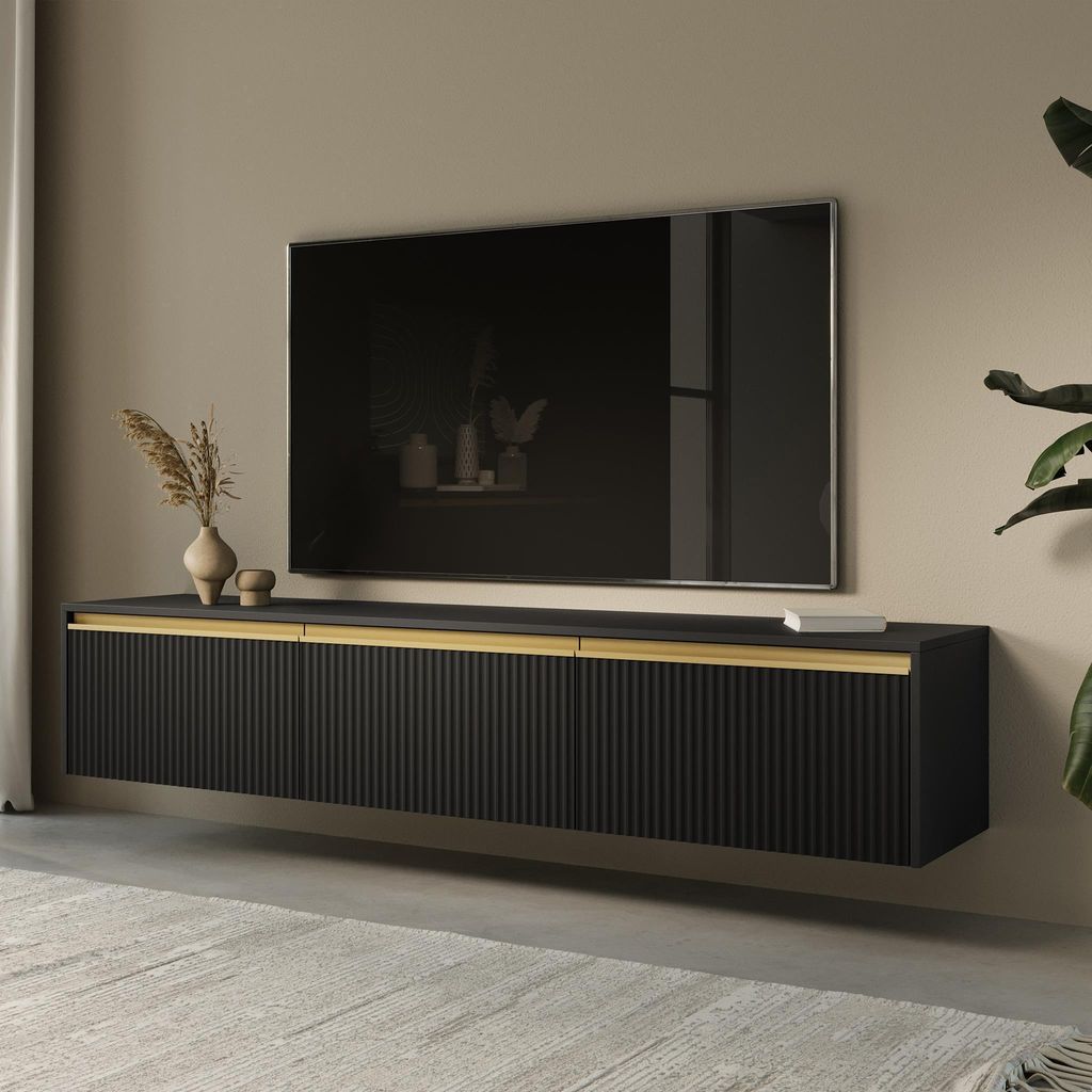 180 cm TV-Schrank im Glamour Stil Imperial 3-türig Lowboard mit gefräste Fronten stilvoll Fernsehschrank mit Griffe im gebürstetem Gold, Farbe: ...