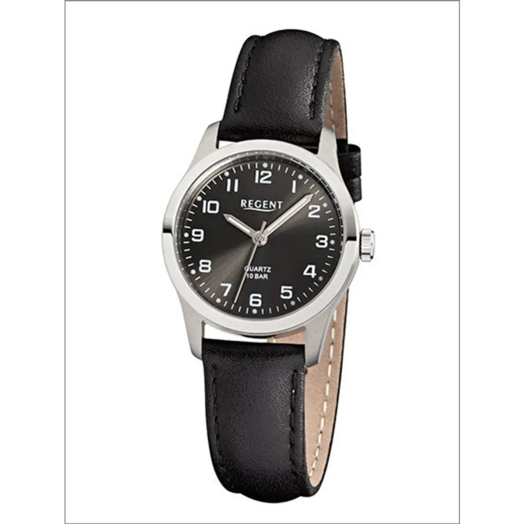 Regent Standard Montre femme F900 en acier avec bracelet cuir noir chic