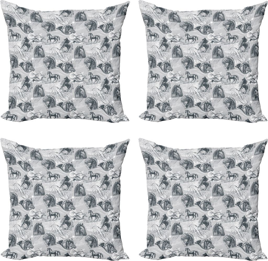 ABAKUHAUS Pferde Kissenbezug Set (4 Stück), Hengst Sketch Stil, Moderner Doppelseitiger Digitaldruck, 45 cm x 45 cm, Pale Grau, Weiß, Grau