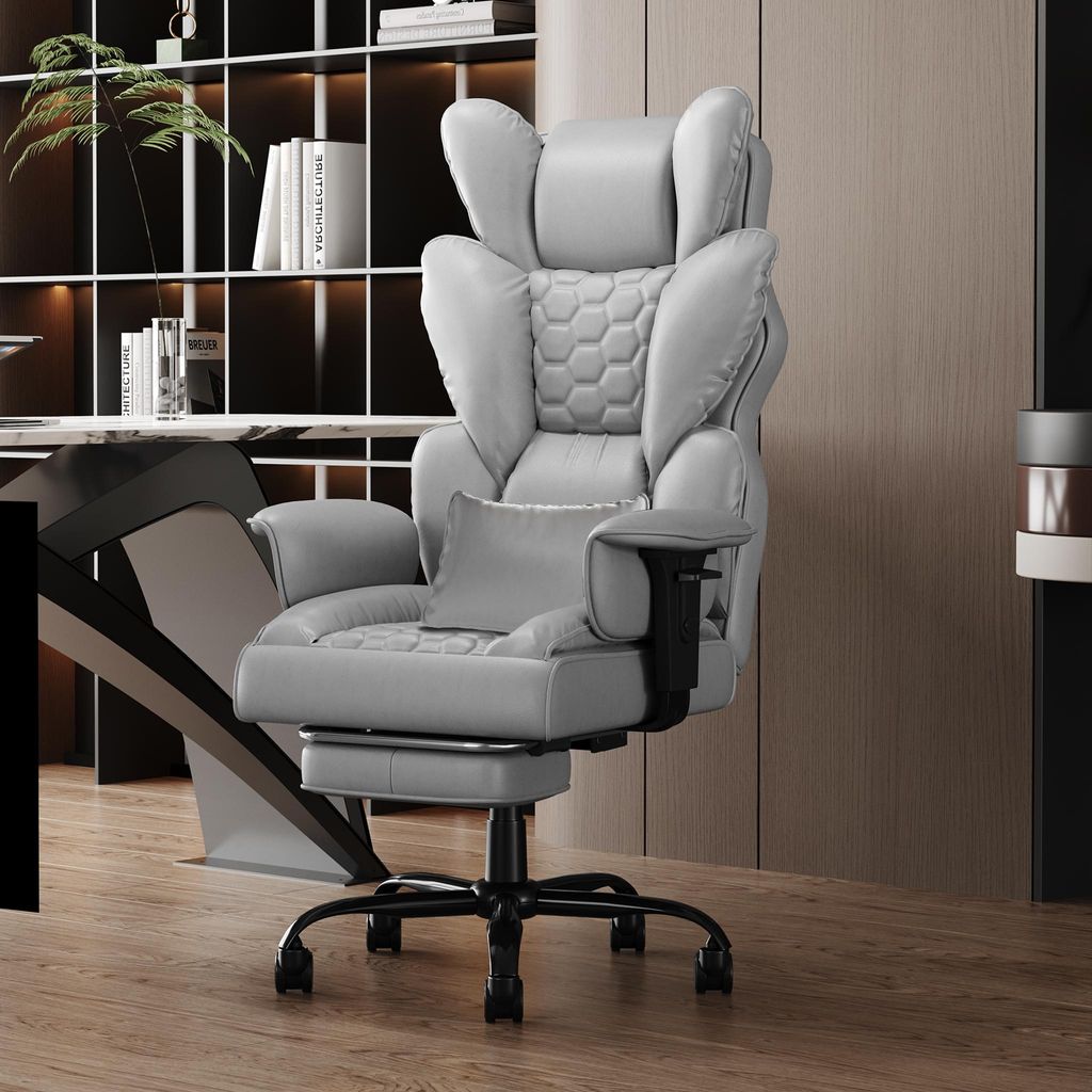 LZQ Ergonomischer Bürostuhl mit hoher Rückenlehne, Kunstleder, Fußstütze & gepolsterte Armlehnen, Chefsessel für Büro & Zuhause, Grau