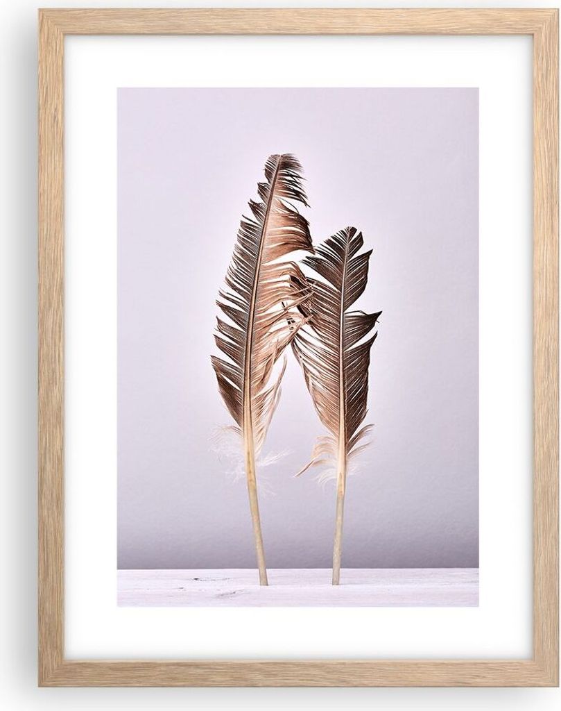 Gerahmtes Poster - Rahmen in heller Eiche - Zwei Federn Flieder - 30x40 cm - Wand Bild - Wanddeko - Wandbilder - Wandposter - Bilderrahmen - Bilder...