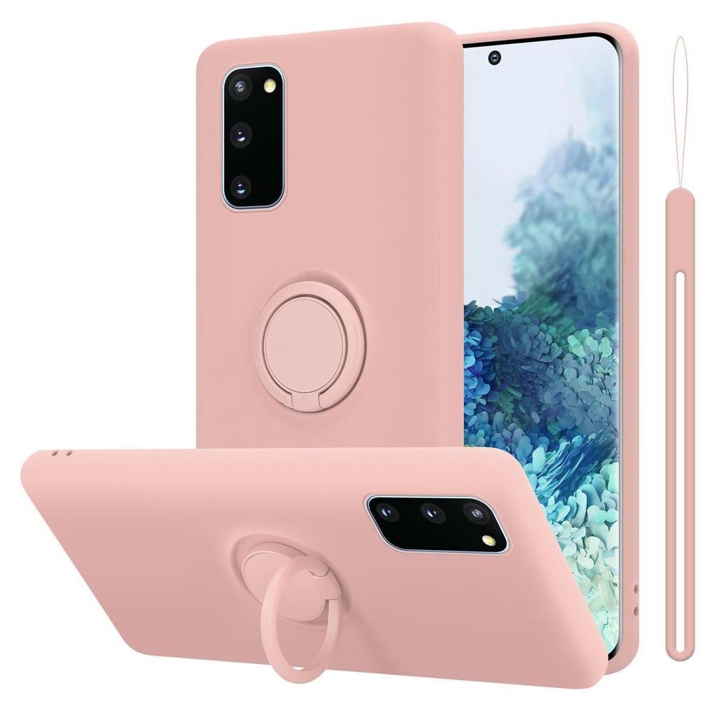 A pink phone case with a ring holder is shown from multiple angles against a white background.