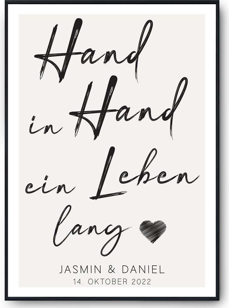 Hand in Hand ein Leben lang - Personalisiertes Partner Poster mit Namen & Datum | Jahrestag Geschenk zur Hochzeit Poster – DIN A3 mit Rahmen | Sc...