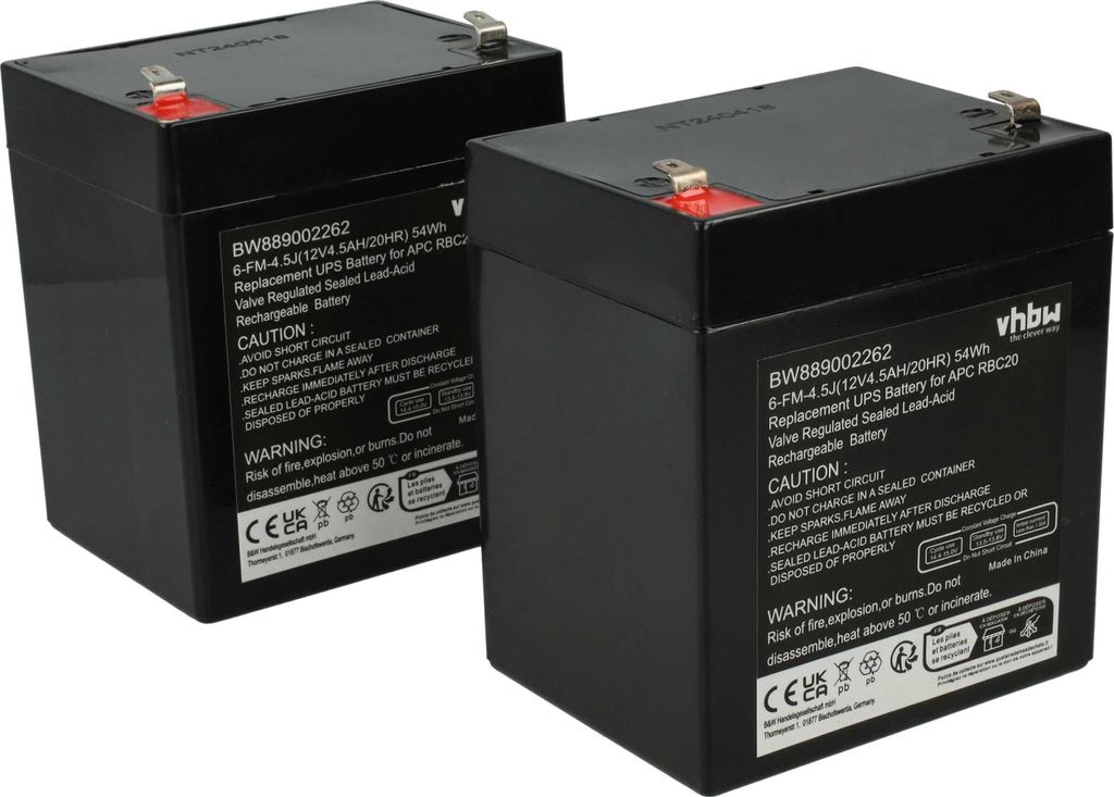vhbw 2x Akku Ersatz für APC RBC20 für USV (4500 mAh, 12 V, AGM)