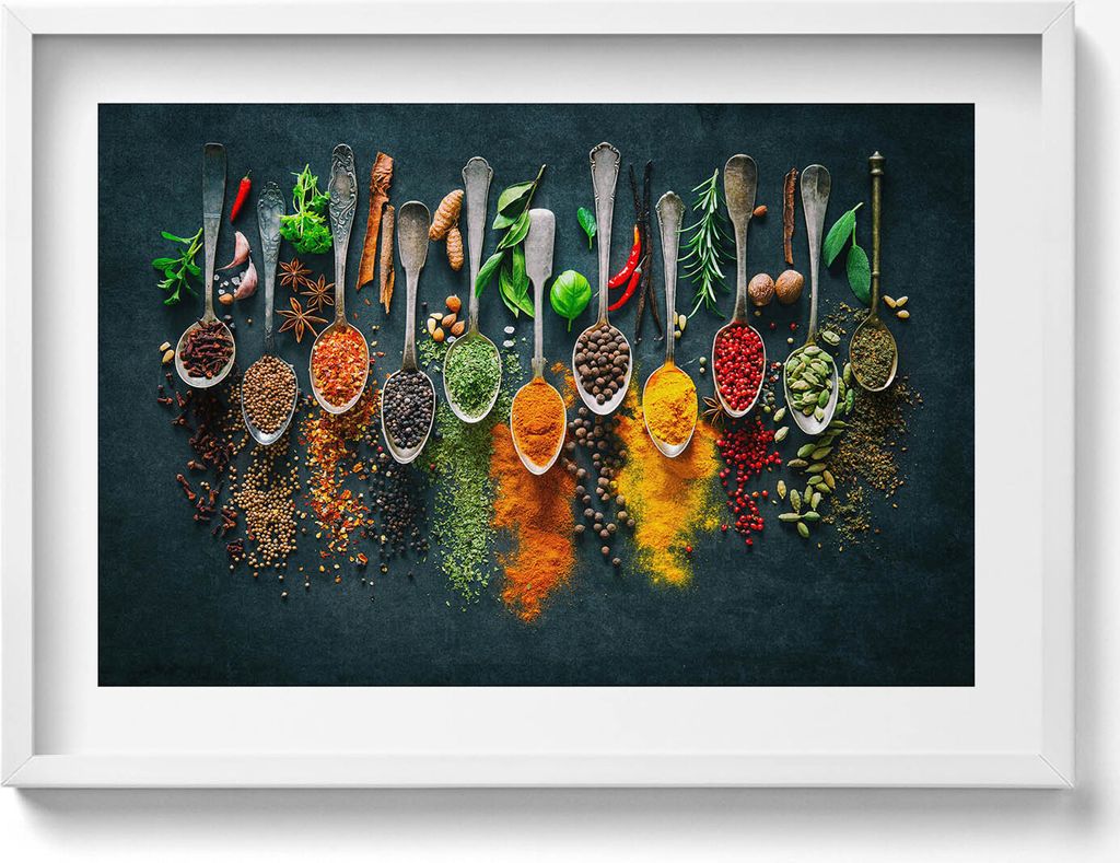 Löffel mit bunten Gewürzen– Wandbild mit Rahmen – Gerahmtes Bild – Wanddekoration – 70x50 cm – Schwarz Rahmen