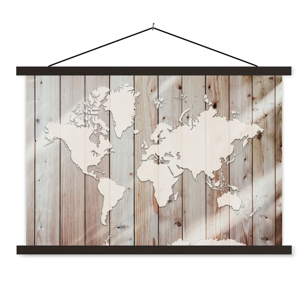MuchoWow Textilposter Weltkarte - Holz - Einfach 90x60 cm mit schwarzem Rahmen - Aufhängungssatz