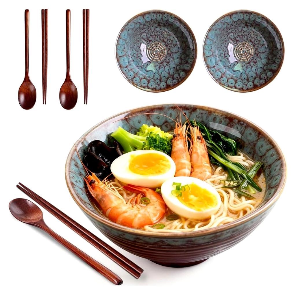 Ramen Schüssel Set, 2 Keramiksuppen-Schalen, 1200ml Set mit Essstäbchen und Löffeln, große Schüssel für Ramen, Suppe, Pasta und Obstsalat