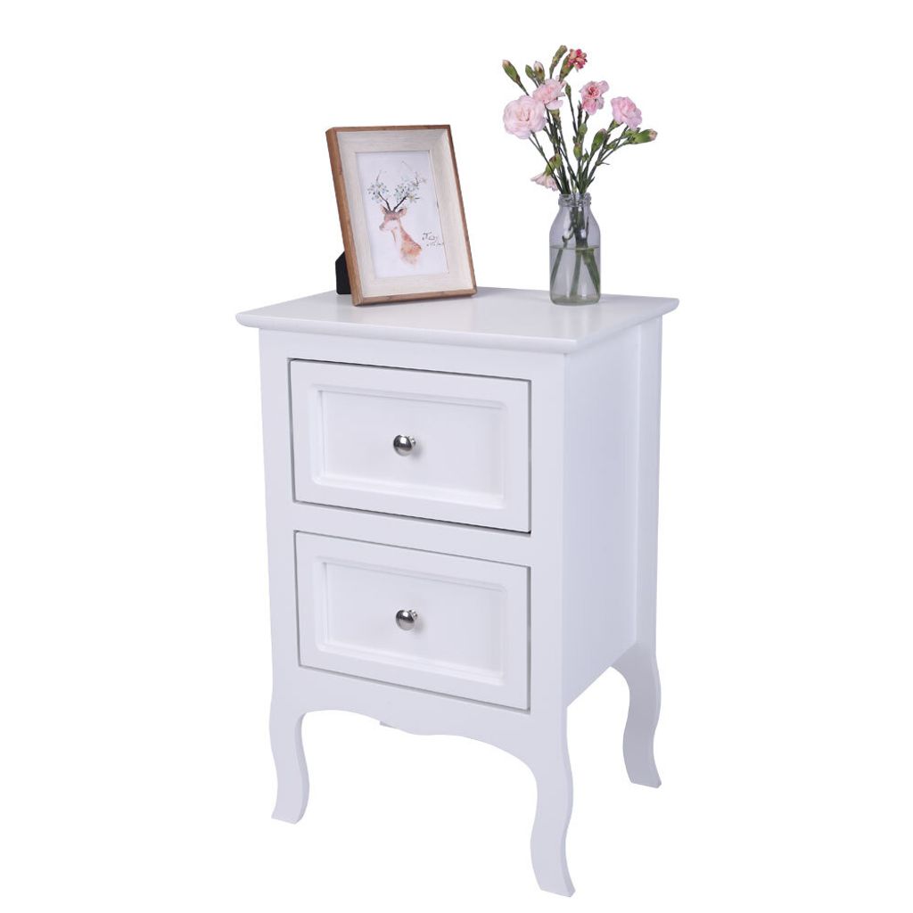 A white nightstand with two drawers is shown against a white background.