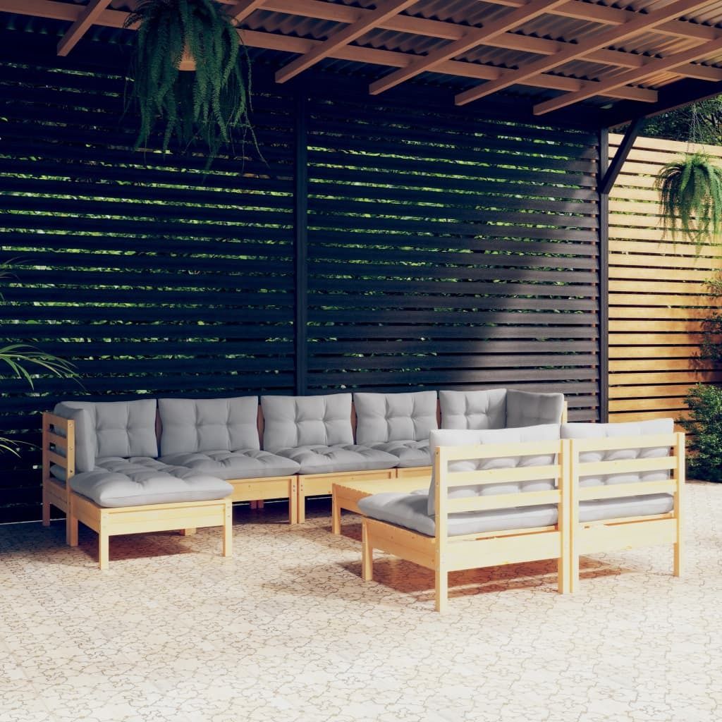 Maison Exclusive - 10-tlg. Garten-Lounge-Set mit Grauen Kissen Kiefernholz