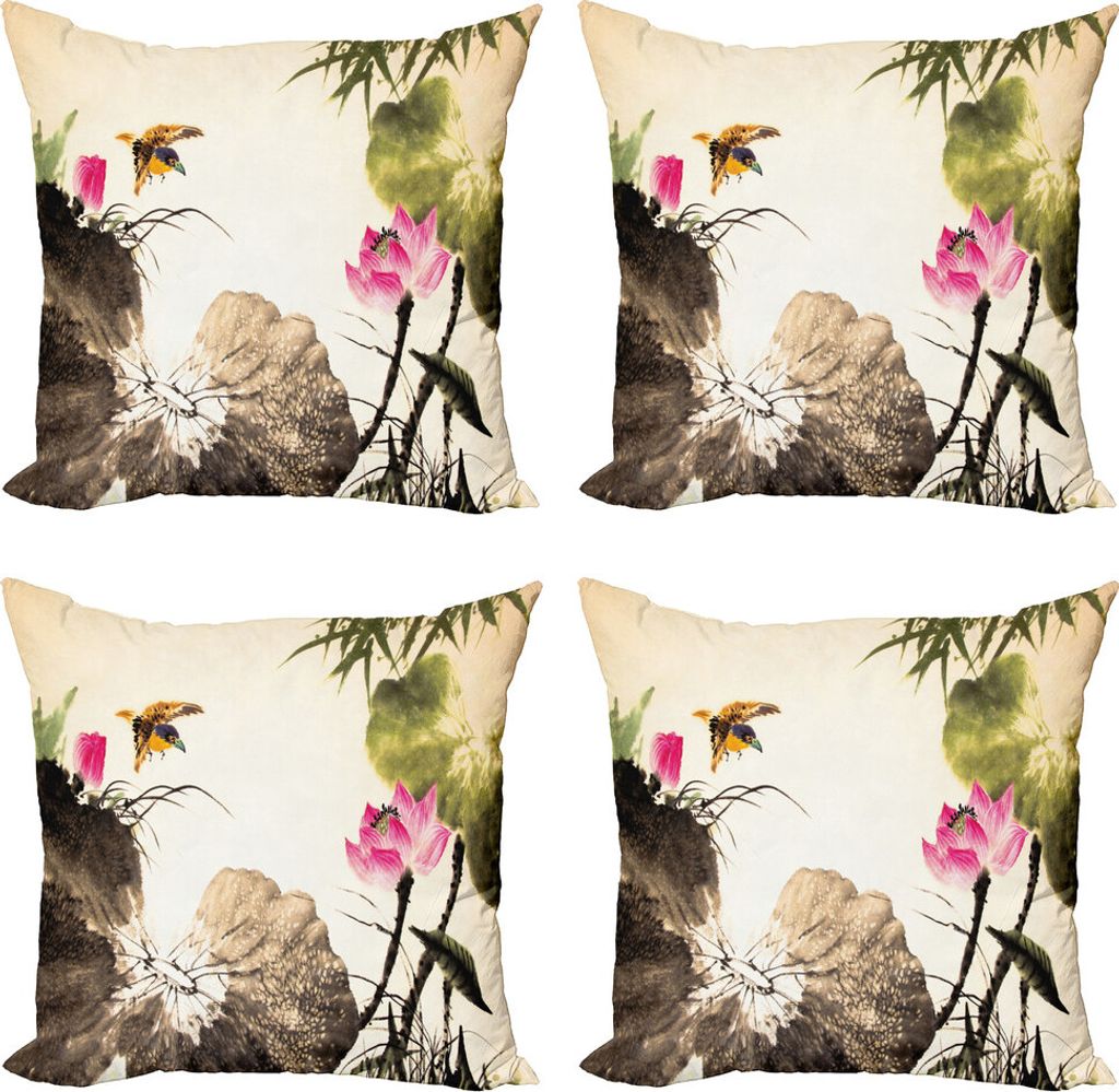 ABAKUHAUS Kunst Kissenbezug Set (4 Stück), Vogel-Springen in Lotus, Moderner Doppelseitiger Digitaldruck, 50 cm x 50 cm, Creme Taupe Pink