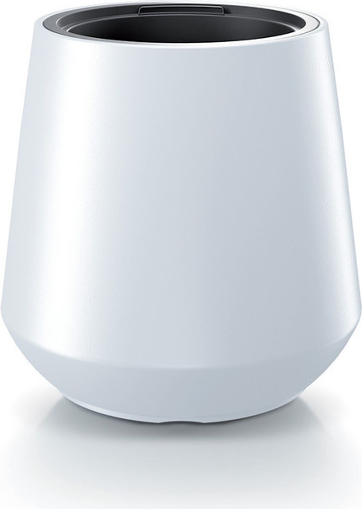 A white planter pot with a gray rim, shown in a studio setting against a white background.