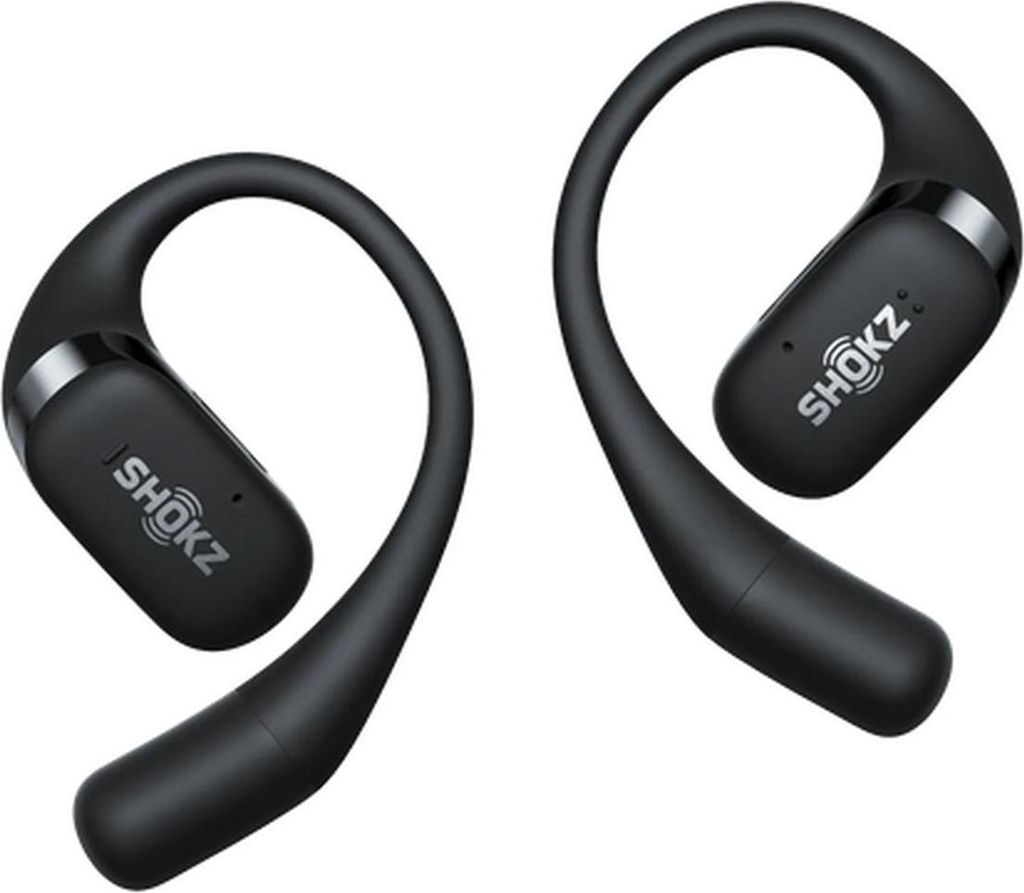 A pair of black Shokz open-ear headphones against a white background.
