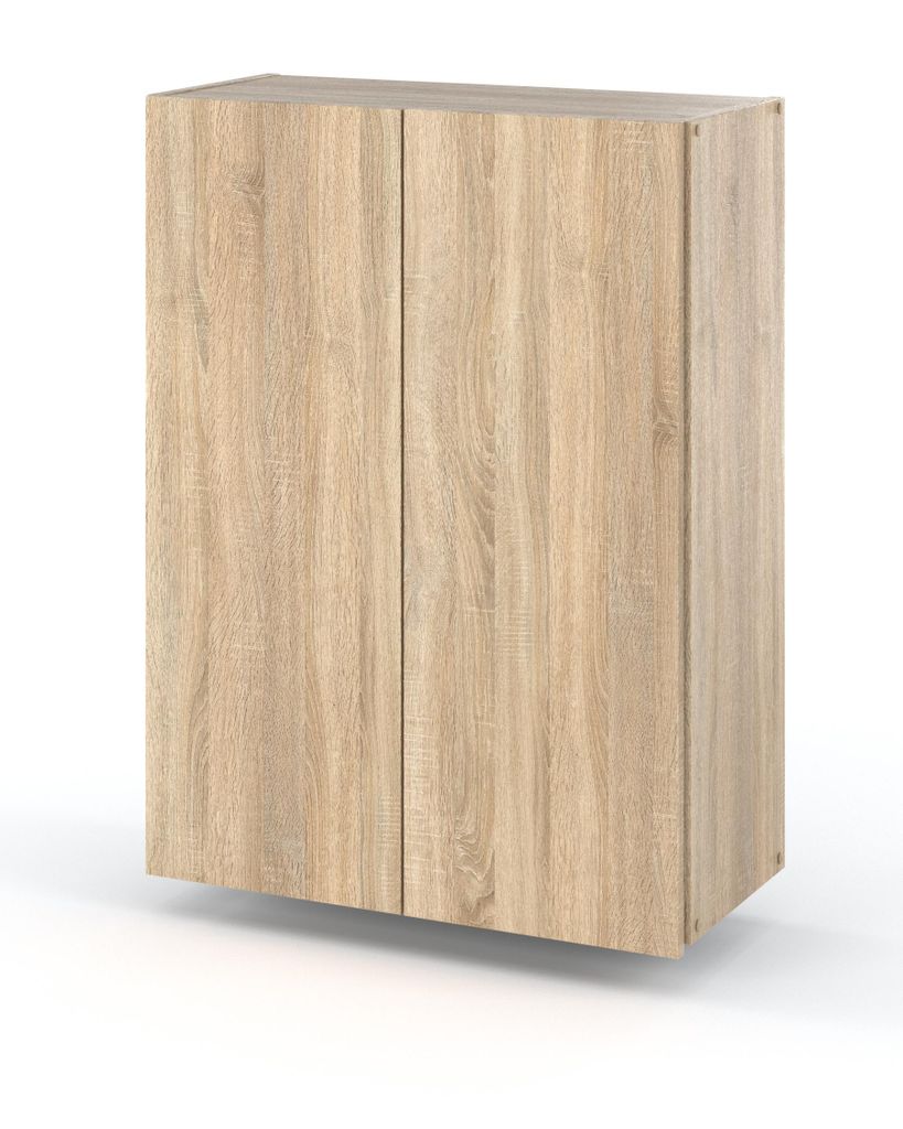 A product shot of a wooden cabinet with two doors against a white background.