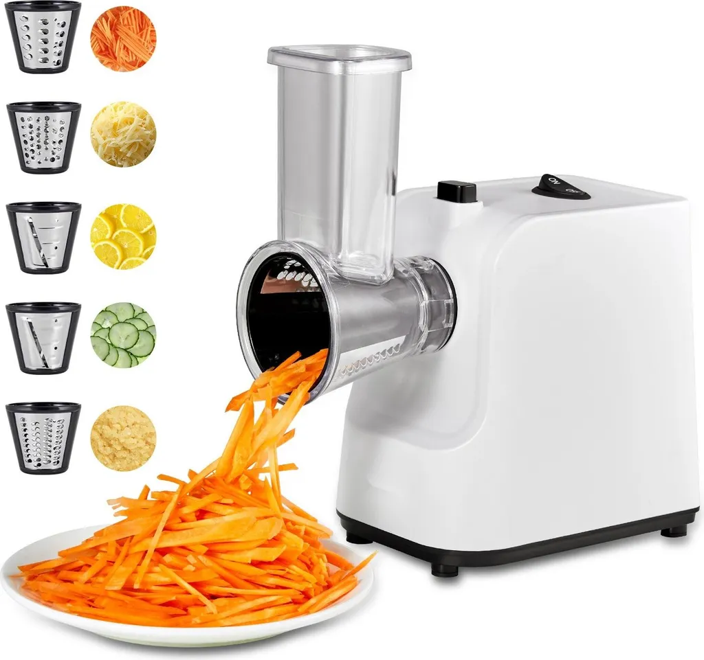 Grattugia elettrica per formaggio e tagliaverdure - Grattugia rotante/affettatrice - Con 5 accessori - Motore da 200 W - Lame in acciaio inossidabile - Per verdure e formaggio