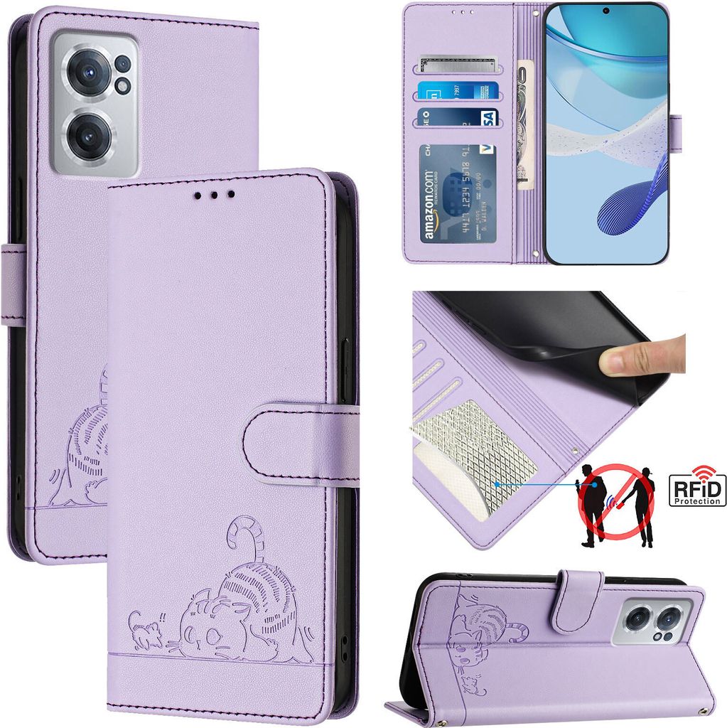 Leder Hülle für OnePlus Nord CE 2 5G Süße Katze Flip Case Brieftasche Schutzhülle mit Standfunktion Lila