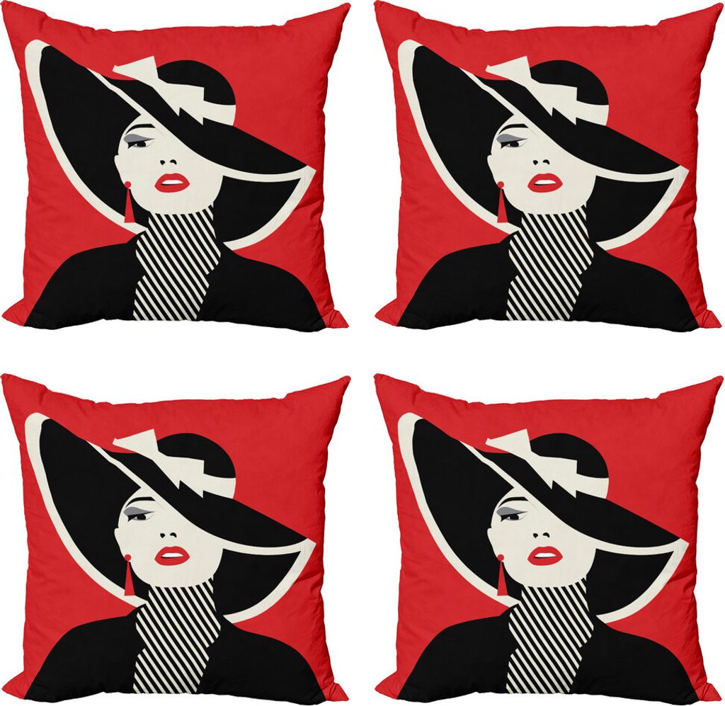 ABAKUHAUS Mode Kissenbezug Set (4 Stück), Frauen mit Vintage-Hut, Moderner Doppelseitiger Digitaldruck, 60 cm x 60 cm, Schwarz Rot