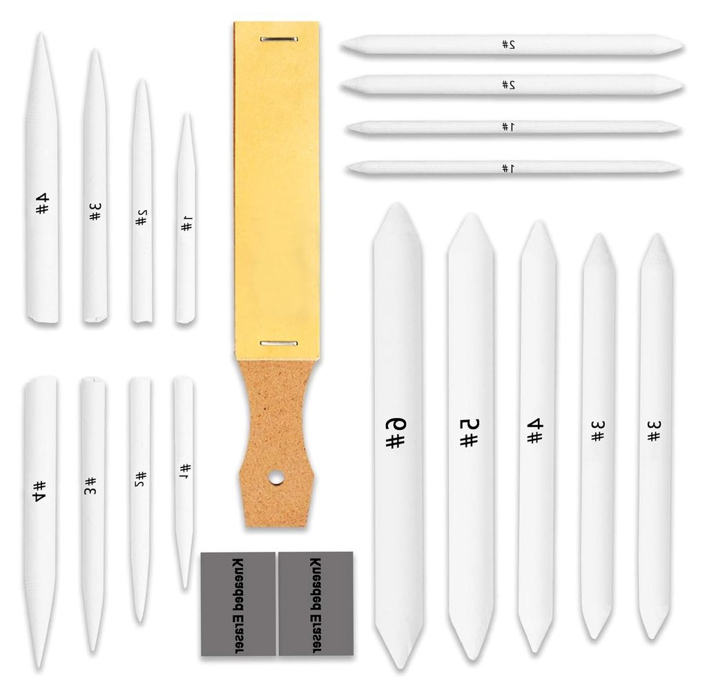 Set mit 20 Skizzenzeichen-Werkzeugen – Mischwerkzeuge aus Blending Stumps und Tortillions, gekneteter Radiergummi und Schleifpapierspitzer