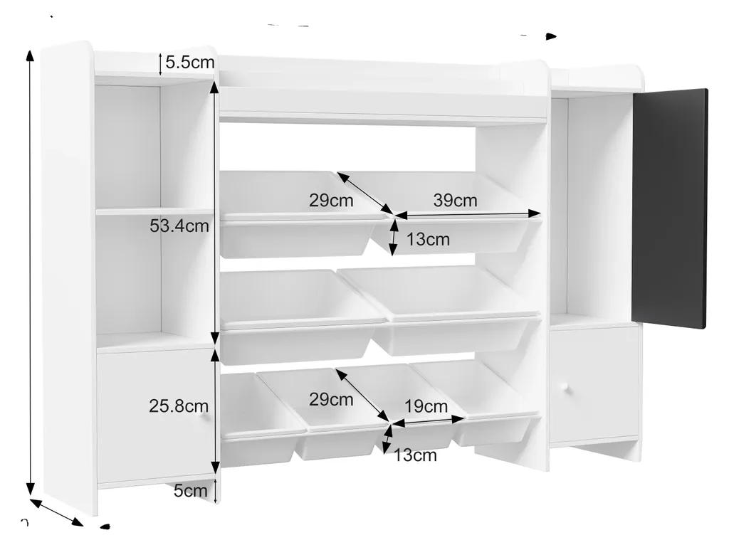 Meuble de rangement enfant blanc avec tableau intégré et 8 paniers