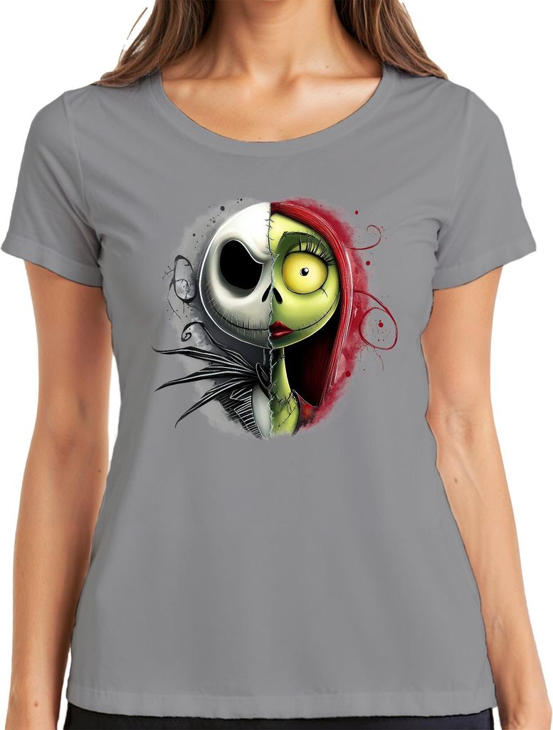 Jack Sally Nightmare Before Christmas Halloween Gothic Geschenk Damen T-Shirt, Grau, S