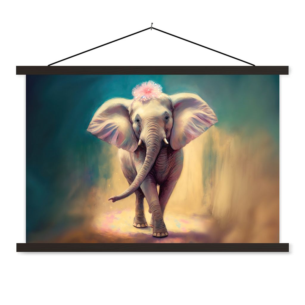 MuchoWow Textilposter Elefant - Tiere - Malen - Blumen - Porträt - Kinder 60x40 cm mit schwarzem Rahmen - Hölzernes