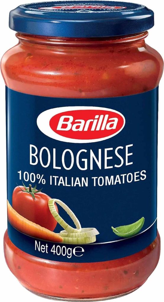 A jar of Barilla Bolognese sauce on a white background.