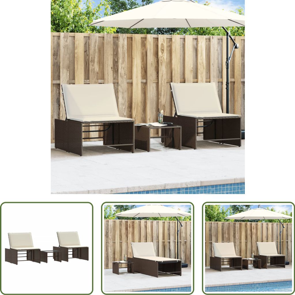 The Living Store Sonnenliegen 2 Stk. mit Tisch Braun Poly Rattan