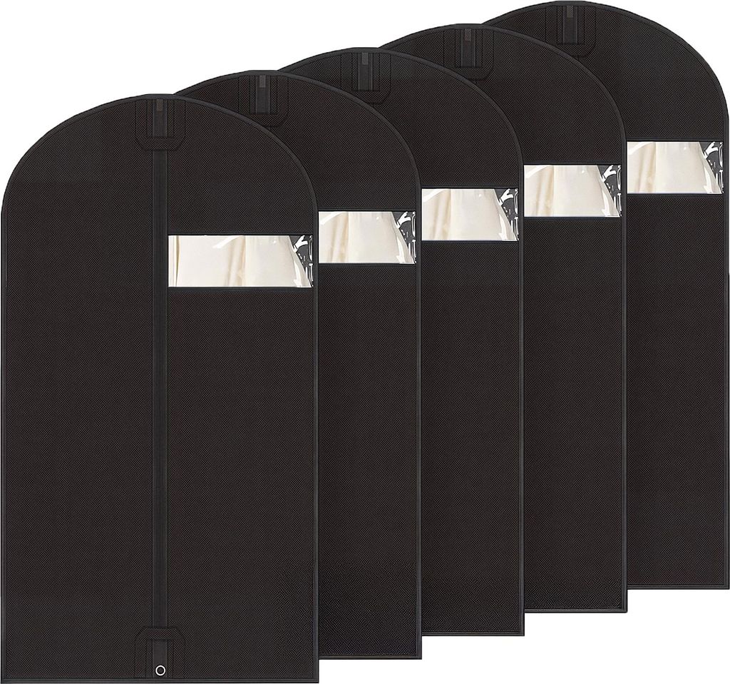 Five black garment bags are lined up diagonally against a white background.