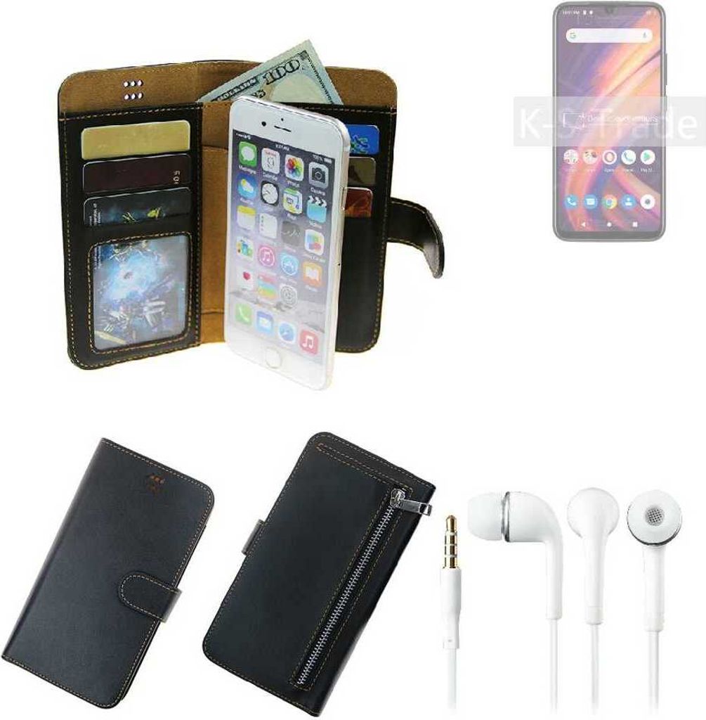 TOP SET Handy Hülle Schutz Hülle kompatibel mit Lenovo A7 schwarz aus Kunstleder + Kopfhörer Smartphone Tasche vollwertige Geldbörse K-S-Trade