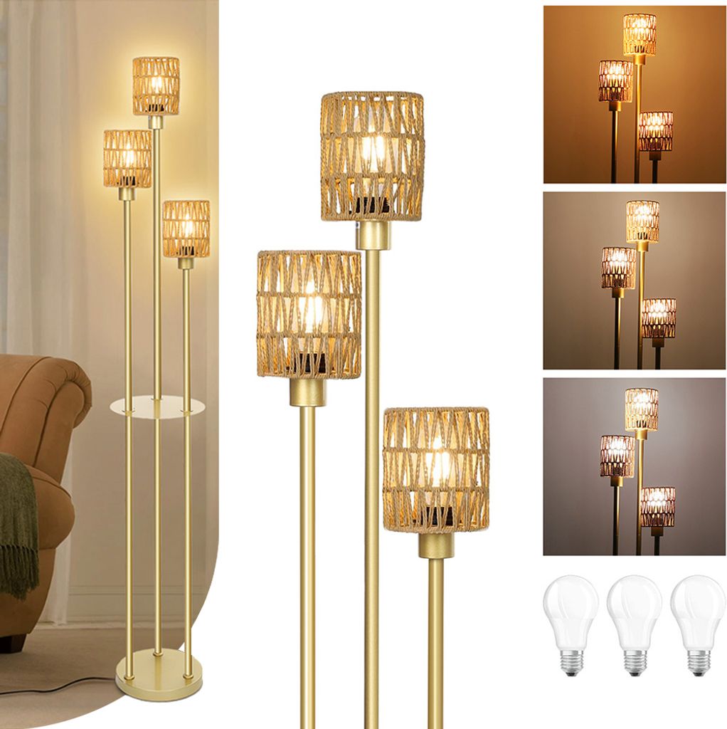 Rattan Stehlampe Wohnzimmer, Boho Mit Regal, Vintage 20 Flammige Standing  Lamp Led Dimmbar Industrial Ecke Stehleuchte Für Schlafzimmer Büro Deko,  Gold