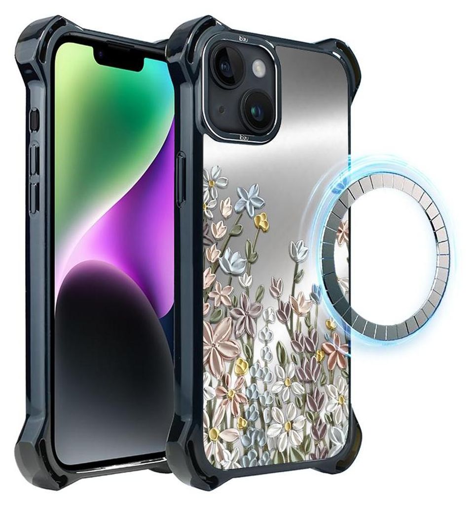 Schutzhülle für das iPhone 14, MagSafe-kompatibel, verstärkte Ecken, schwarz, Wiese, Blumen