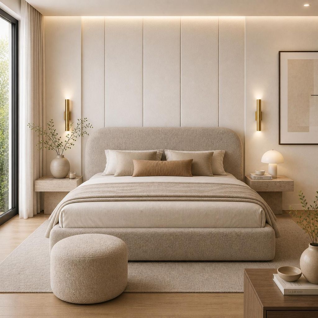 Sofello gestoffeerd bed 160x200 cm, bouclé stof, beige Productafbeelding 