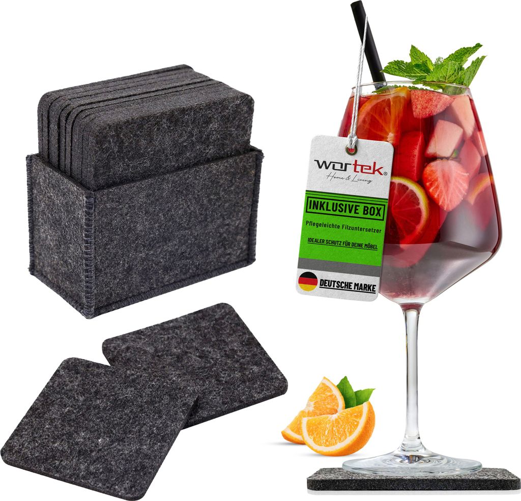 wortek Filz Untersetzer - Deko Tischset + Aufbewahrungsbox I für Gläser & Tisch, 10er Set I 10cm I Eckig, Anthrazit