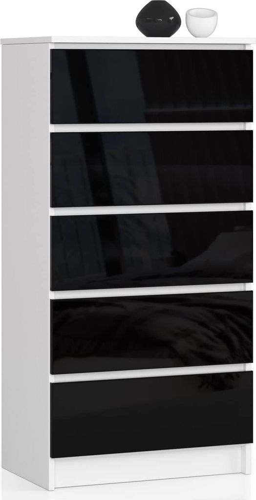 BDW Hochglanz Kommode, 5 Schubladen, Schlafzimmer, 60x121, Weiß-Schwarz