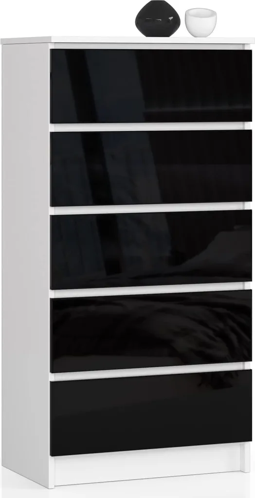 Chiffonnier 5 tiroirs laqué blanc et noir 60x121 cm meuble de rangement