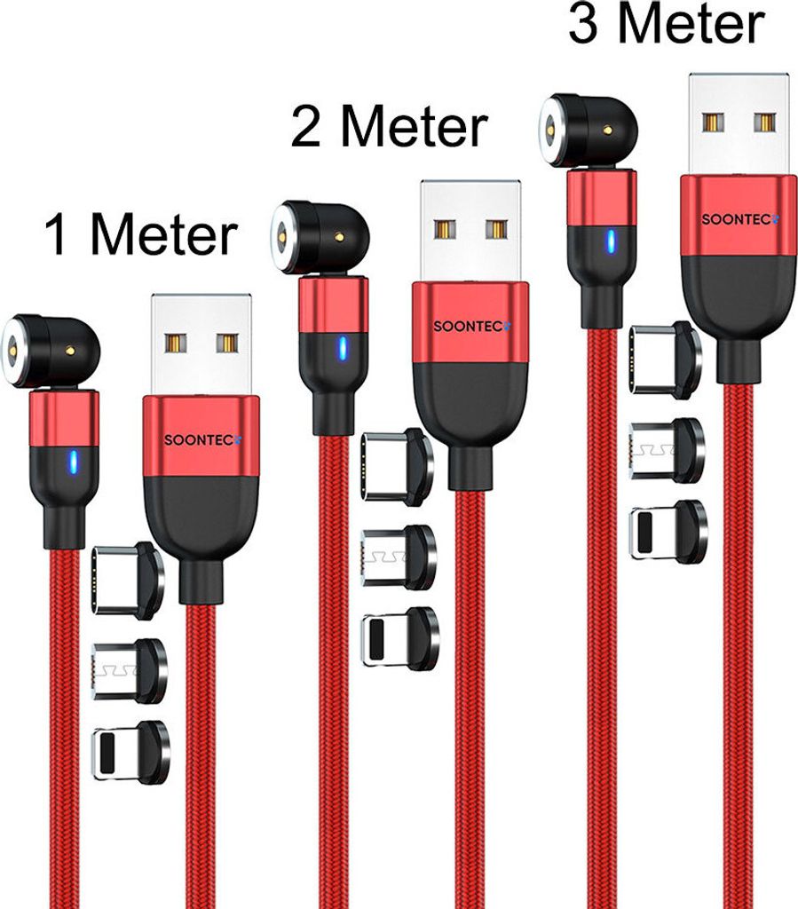 Magnet Ladekabel 3er Set (1 Meter+2 Meter+3 Meter) SOONTEC Magnetladekabel drehbar 360°&180° mit je 3 Stecker Micro USB/ USB-C/ Lightning 2,4 A L...