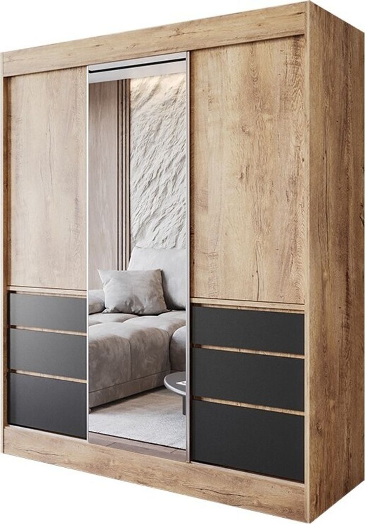 Easy4You L1 180 cm Lefaks Schiebetüren Kleiderschrank 180x216x65 cm mit Spiegel - Schlafzimmermöbel, Aufbewahrung - Mehrzweckschrank