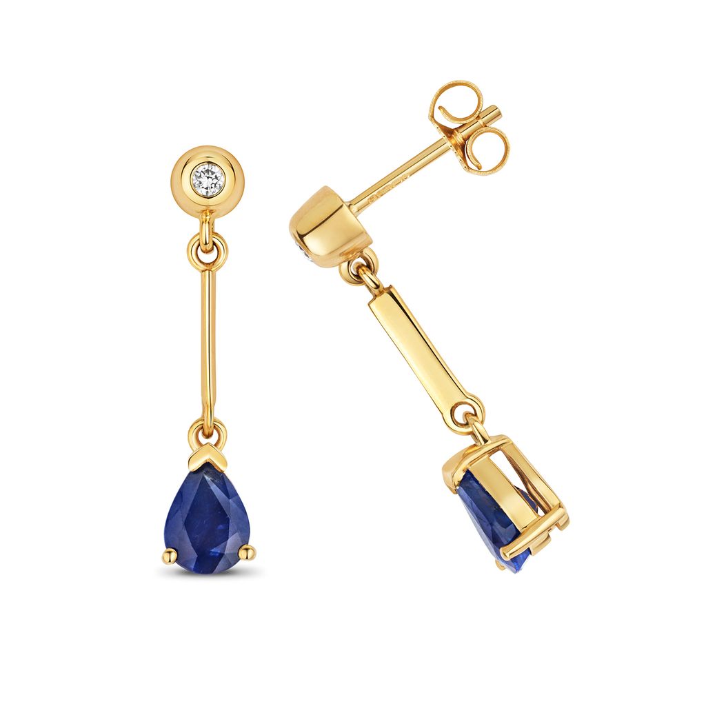 9 Karat (375) Gold Damen - Diamant Paar Ohrringe 0.07 Karat mit Saphir - 20mm*4mm; TRS32049KY