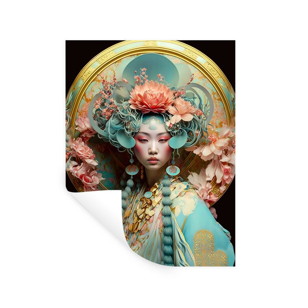 MuchoWow Wandtattoo Wandsticker Wandaufkleber Frau - Blumen - Rosa - Porträt - Asiatisch 30x40 cm Selbstklebend und Repositionierbar - Sticker -...