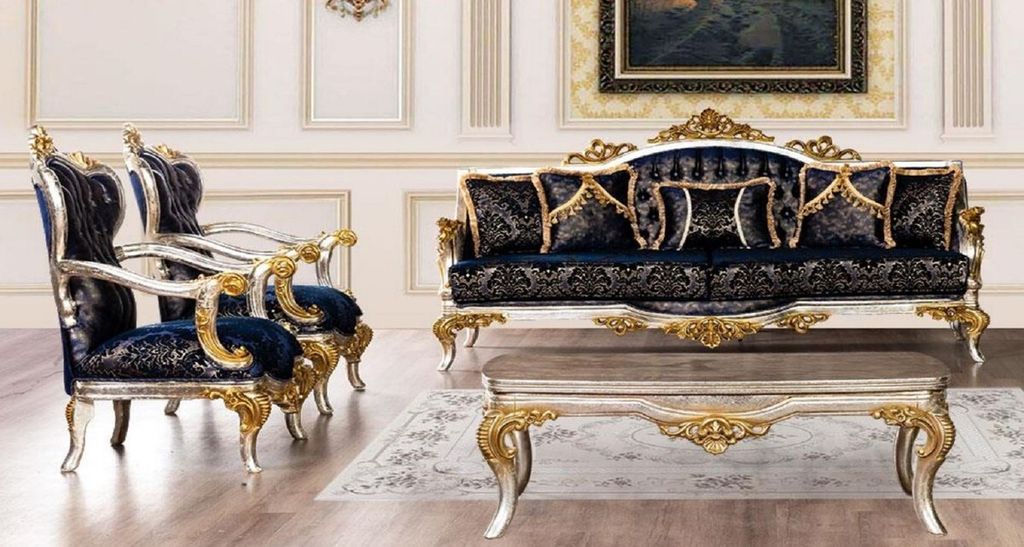 Casa Padrino Luxus Barock Wohnzimmer Set Royalblau / Schwarz / Silber / Gold - 2 Barock Sofas mit Muster & 2 Barock Sessel mit Muster & 1 Barock Co...