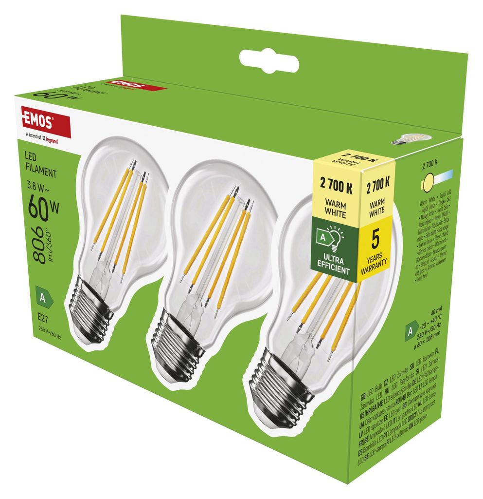 EMOS LED žárovka A60/E27/3,8W/60W/806lm/teplá bílá,3ks Obrázok produktu 