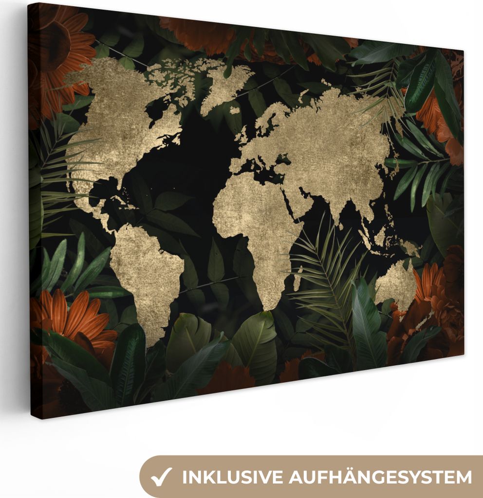 OneMillionCanvasses - Leinwandbilder - 150x100 cm, Weltkarte - Vintage - Blätter, Wandbilder Kunstdruck Wanddekoration